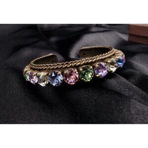 SORRELLI Signed Multicolor Crystal Open Cuff Bracelet In Antique Gold Finish Wit